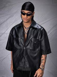 AXEPEAK Men's Loose Fit PU Leather Front Zip Short Sleeve Shirt, Streetwear Inspired - Black - View 5