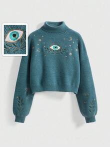 ROMWE Hippie Spring Casual Retro Boho Vacation Style Moon & Star Embroidery Blue-Green Pullover Sweater - Dark Green - View 1