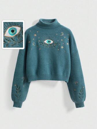 Hippie Retro Boho Urlaubsstil Mond & Stern Stickerei blau-grüner Pullover