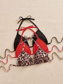 Swim SXY 3件套加大码女士泳衣上装，黑白豹纹印花，可调节细肩带，简约日常比基尼上装 - 紅色 - 查看 3