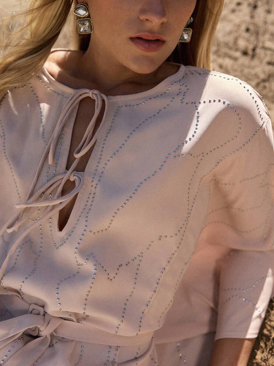 MOTF STUDIO WOMEN'S RHINESTONE EMBELLISHED TIE-UP VACATION SHIRT, SPRING/SUMMER - Khaki - View 2