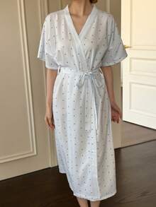 SHEIN Napfluff 女士夏季条纹樱桃印花系带裹身睡袍 - 藍白色 - 查看 5