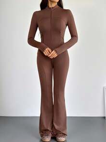 SHEIN Tall 2025春夏新款休闲简约棕色修身开襟长袖侧拉链口袋T恤+高腰喇叭裤女两件套，适合日常出行、返校、毕业典礼、早午餐、机场出行、派对聚会、节日、旅行等场合，简约百搭，休闲舒适。 - 棕色 - 查看 11