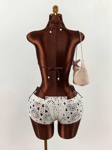 Amplova 3pcs Women's Knitted Textured Bohemian Style Sexy & Cute Vacation Outfit Set - Apricot - View 2