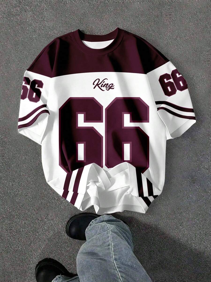 SHEIN EZwear 休闲简约圆领短袖宽松女式T恤，深玫瑰红色，印有数字66图案 - 彩色 - 查看 1