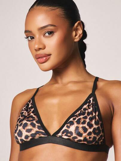 MISSGUIDED Leopard Print Triangle Bralette With Matching Thong Lingerie Set Black Trim