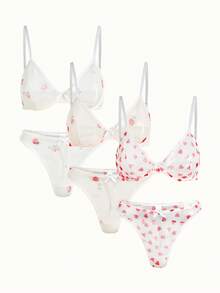 Bonmuse 3pcs/Set Women Solid Color, Heart & Flower Print, Bow Decor Underwire Bra Set, Comfortablefor Summerfor Summer - White - View 1