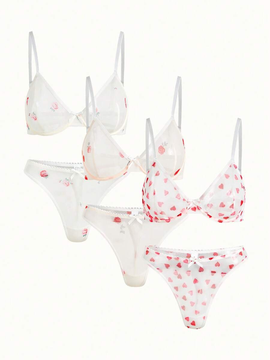 Bonmuse 3pcs/Set Women Solid Color, Heart & Flower Print, Bow Decor Underwire Bra Set, Comfortablefor Summerfor Summer - White - View 1