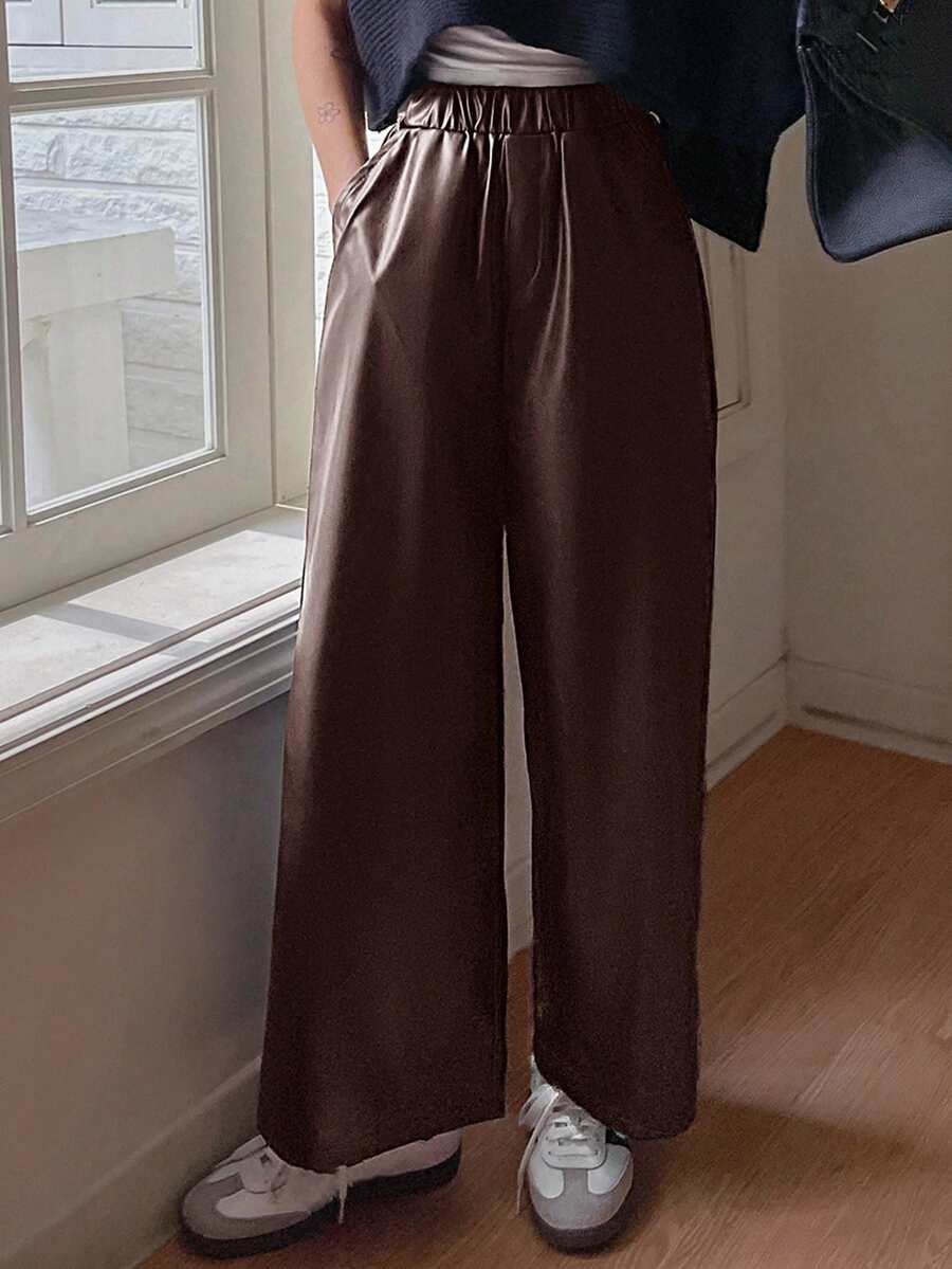 DAZY Pantaloni largi din piele PU pentru femei, culoare solidă, cu talie elastică, cu buzunar, cu picior larg - cafea maro - Vizualizare 1