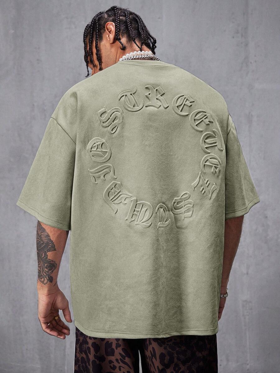 AXEPEAK 男式街头风格空气层绒面革植绒宽松落肩圆领短袖 T 恤，2000 年代风格 - 綠色 - 查看 1