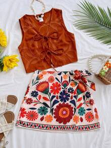 Soleia 1 Set Women Solid Woven Cropped Sleeveless Tank Top & High Waist Printed Woven Mini Skirt - Multicolor - View 6