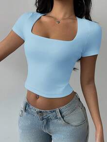 SHEIN BASICS Solid Color Knit Convertible Collar Fitted Cropped Women Top/Summer - Blue - View 6
