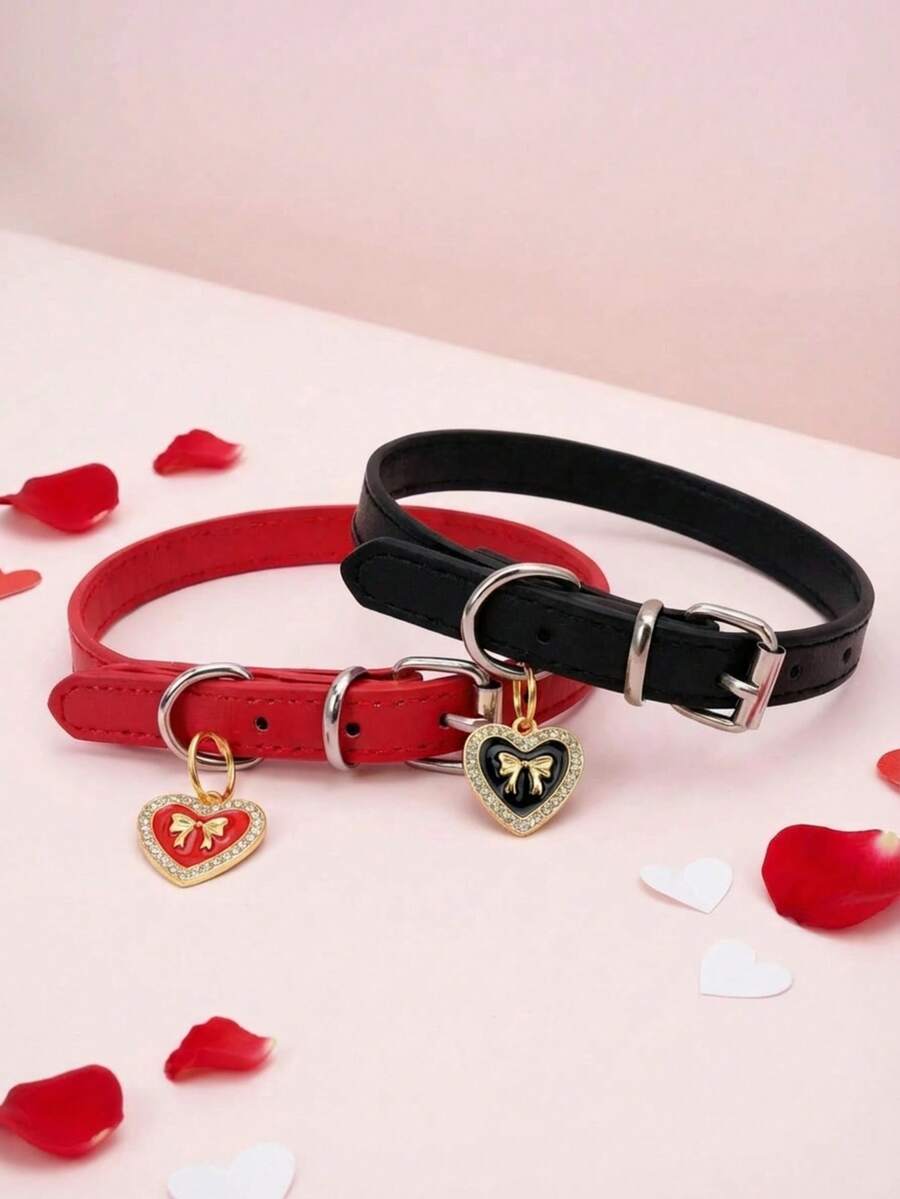 PETSIN Adjustable Classic Retro Collar For Pets, Dog, Cat, Pet Collar With Diamond-Studded Heart Embellishment - Multicolor - View 1