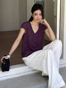 DAZY Blusa casual de verano con cuello en V, manga corta y botones delanteros, de unicolor simple para uso diario y trayectos - Morado - Ver 4