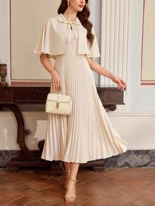 Vintamour 复古经典优雅女士连衣裙，春夏修身披肩式连衣裙，带蝴蝶结，褶裥设计，杏色喇叭裙 - 杏色 - 查看 6