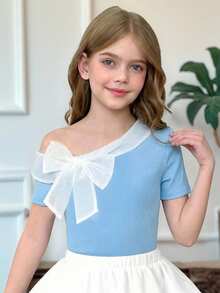 SHEIN Tween Girl Elegant Bowknot Decor Fitted Short Sleeve T-Shirt, Ladylike Style, Kids Clothes Girls Blue White,,Kids - Baby Blue - View 4