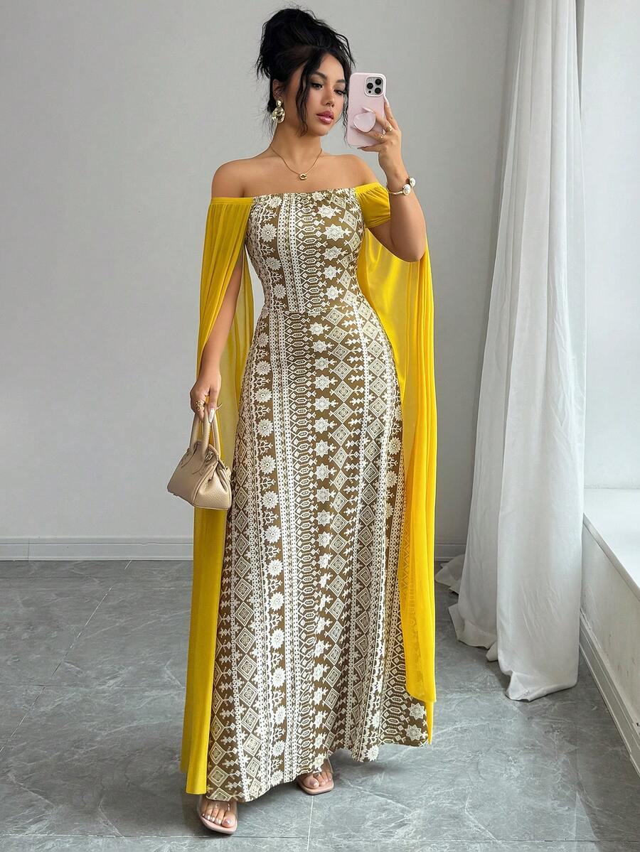 Rafferiza 女士休闲印花撞色网纱长袖绿色度假连衣裙 - 黃色 - 查看 1