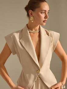 CLARA VERO Beige Sleeveless Blazer And Wide Leg Pants Set: Relaxed Tailored Fit, Perfect For Office Days Or Smart Casual Outings, Made From Soft Non-Elastic Polyester Fabric Featuring Single Covered Button Closure Pant Suit Women Pantsuit For Women Elegant Pant Suit Sleeveless Pant Suit Pant Suits For Woman - Beige - View 7