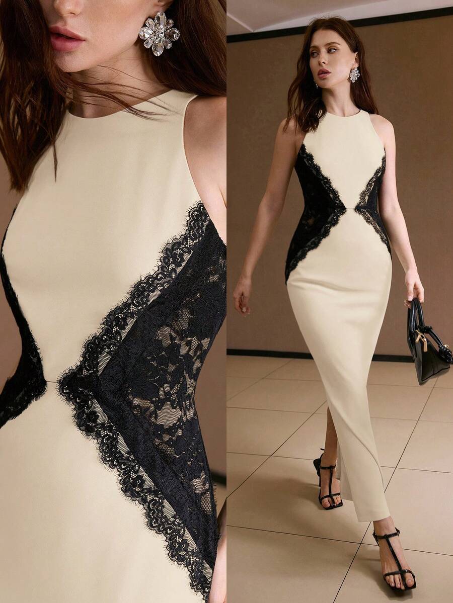 MOTF PREMIUM 修身蕾丝撞色长连衣裙，秋冬季 - 杏色 - 查看 1