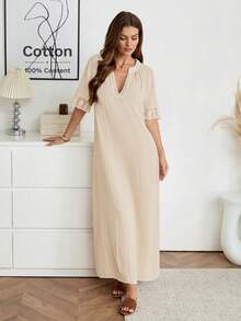 V-Neck Lace Splice High Slit Casual Loose Elegant Commute Vintage Style Dress For Women, Spring/Summer Vacation Boho Sexy Women Clothes Cotton Women's Clothes New In Dresses Cotton Women Dress Long Casual Dresses For Woman Cotton Dresses For Women Spring Dresses For Women Cotton Zanea Dress For Woman Picnic Dresses For Women Resort Dresses For Women - Apricot - View 5