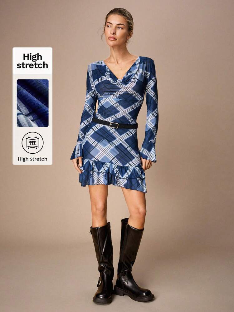 SHEIN Maija Graphic Printed Women Short Dress, Draped Neck, Long Sleeve, Ruffle Hem, Asymmetric Hem Long Sleeve Dresses Woman Plaid Dress  Spring Dress Women Carnival Outfit Wrap Dress Women High Stretch Dress Valentine's Day Vacation Outfits Women Spring To Summer Party Dress