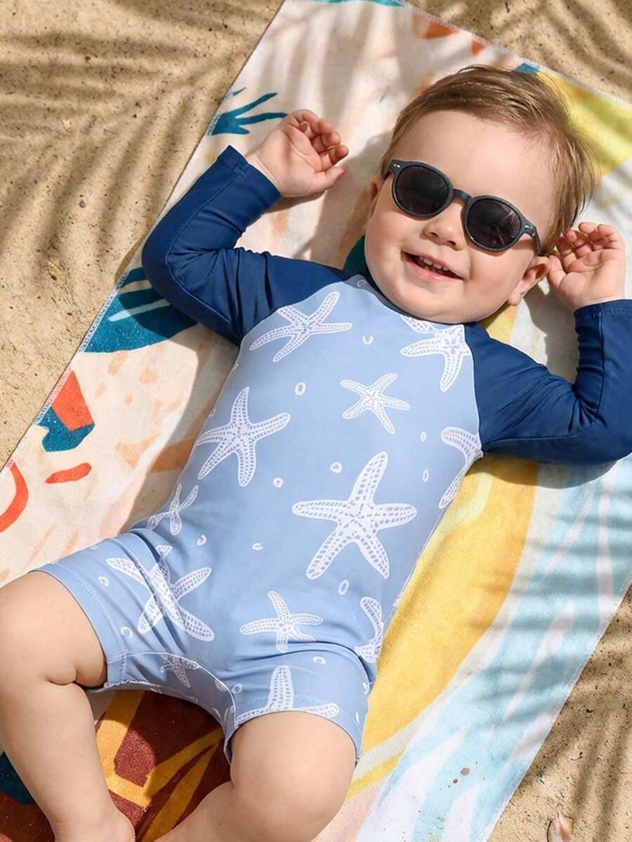 SHEIN Baby Boy/Girl Casual Vacation Starfish Pattern Color Block One-Piece Rash Guard Swimsuit, Long Sleeve Sun Protection Swimwear Suitable For Spring, Summer, Autumn, Winter Swimming, Surfing, Beach, Hot Spring - Blue - View 1
