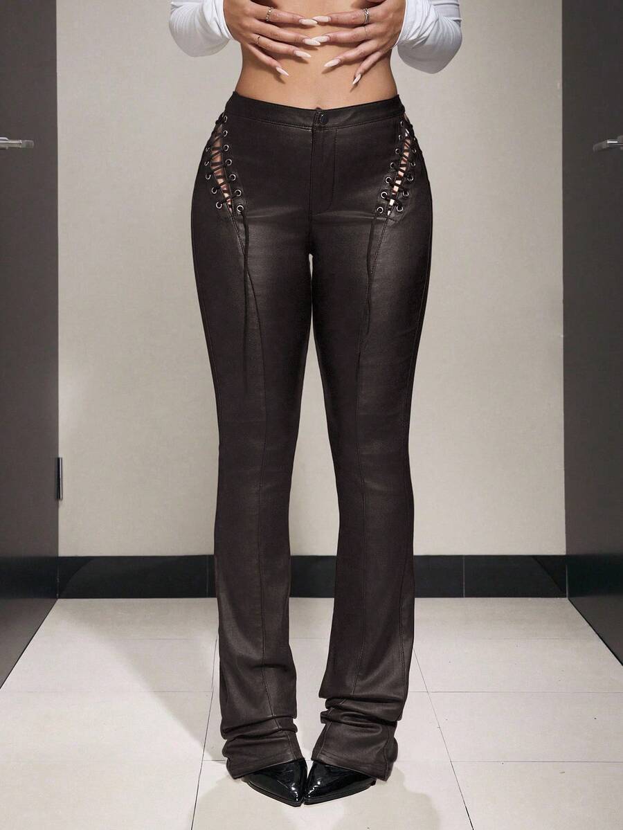 SHEIN Unity Calça Flare Cruzada de Cor Sólida, Estilo de Rua Feminino - Castanho - Visão 1