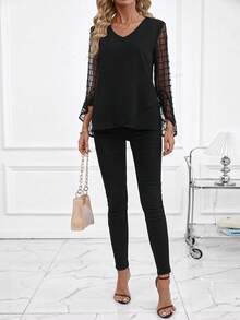 SHEIN Clasi Women's Casual V-Neck Mesh Sleeve Long Sleeve Shirt Women's Black V-Neck Sheer Checkered Bell Sleeve Blouse | Elegant Casual Going Out Date Summer Office Top  Spring/Summer  Valentine's Day Wedding  Spring/Summer Blusas Elegantes Feminina Summer Tops Black Top Printemps été Spring Outfits For Women Summer Outfits - Black - View 4