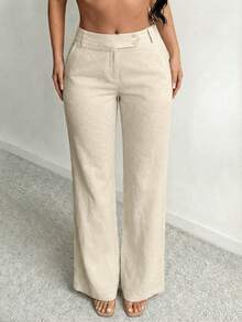 SHEIN SXY Linen Casual/Business Loose Waist Wide Leg Pants - Khaki - View 5
