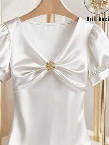 Franclia Women's Short Sleeve T-Shirt With Twist Puff Sleeve Design Satin Blouses For Women White Satin Top Elegant Blouses White Elegant Top Puff Sleeve Satin Top Elegant White Top White Elegant Blouse - White - View 3