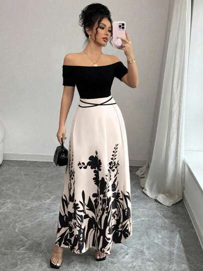 Rafferiza 女士优雅修身露肩针织连衣裙，腰间系带，中国风印花