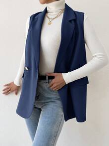 BizChic 女士无袖纯色纽扣前开襟休闲上衣，时尚优雅，适合都市通勤、日常穿着，浪漫90年代复古风，适合圣诞节、新年、情人节、派对、海滩、毕业典礼、时尚、嘉年华、假日、婚礼宾客、早午餐、机场等多种场合。 - 藏蓝色 - 查看 3