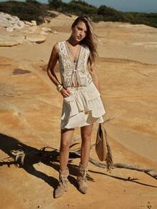 MOTF STUDIO WOMEN'S WESTERN STYLE EMBROIDERED RIVET FRONT TIE JACKET