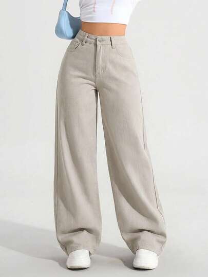 SHEIN ICON Büyük Beden Kadın Lastik Bel Vintage Açık Mavi Düz Paça Kot Pantolon