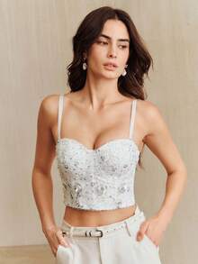Anewsta White Lace Sequin Beaded Bustier Style Crop Top, Elegant - White - View 7
