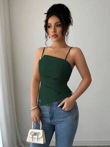 Elenzga Áo tank top nữ thiết kế xếp ly thanh lịch và dễ thương - màu xanh lá - Xem 6