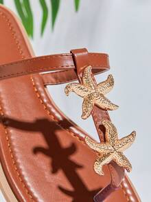 SHUZIA Women's Starfish Beach T-Strap Slip On Square Open Toe Flat Sandals - Chocolate Brown - View 6