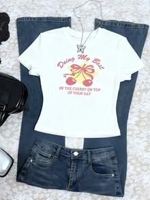Rina Fox Women's Slogan & Cherry Print Round Neck Short Sleeve Cropped T-Shirt - White - View 6