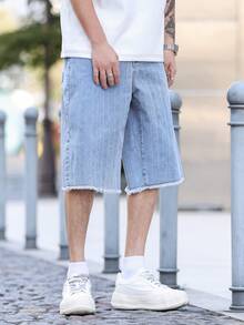 Manfinity Homme 男士毛边斜插口袋休闲提花阔腿牛仔短裤 - 淺色水洗藍 - 查看 8