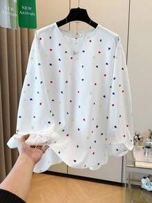 GlowEve Women's Casual Heart Print Round Neck Long Sleeve Loose Shirt, Suitable For Daily Wear - White - View 1