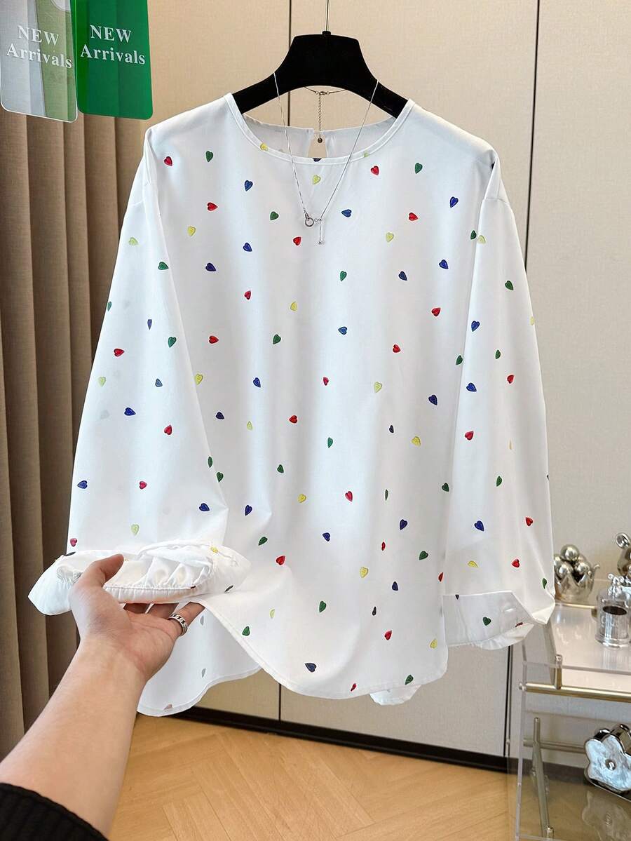 GlowEve Women's Casual Heart Print Round Neck Long Sleeve Loose Shirt, Suitable For Daily Wear - White - View 1