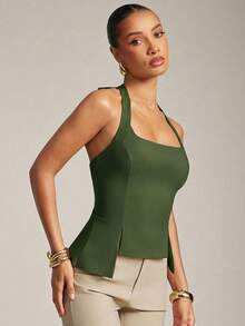 Hauture Women's Scoop Sexy Neck Office Casual Fitted Stretch Top With Adjustable Back Tie - Army Green - View 5