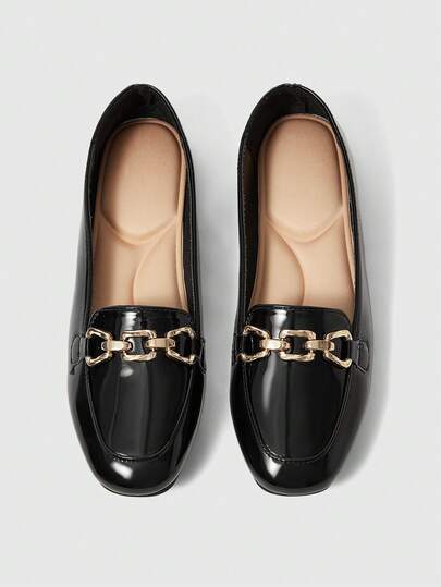 Sleekvia 女士时尚圆头平底黑色金属扣乐福鞋，舒适休闲一脚蹬鞋，适合日常通勤、聚会、购物、度假等场合。