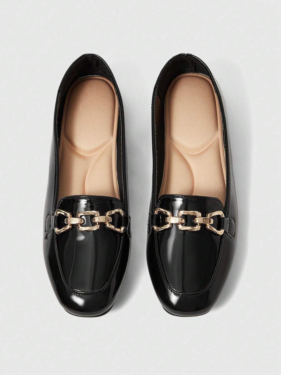 Sleekvia 女士时尚圆头平底黑色金属扣乐福鞋，舒适休闲一脚蹬鞋，适合日常通勤、聚会、购物、度假等场合。 - 黑色 - 查看 1