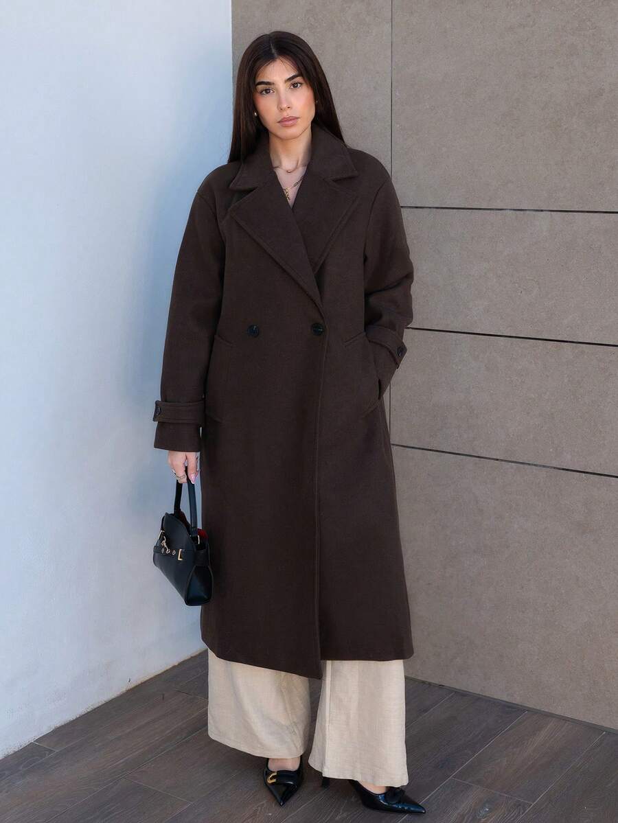 Hitanina 秋冬新款宽松柔软羊毛大衣女装,优雅风范 - 咖啡棕 - 查看 1