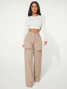 SHEIN SXY Women's Casual Everyday Commute Fashion Street Distressed Loose Straight Leg Jeans - Khaki - View 2