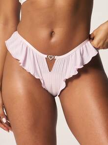 MISSGUIDED Ribbed Heart Charm Detail Ruffle Trim Brief Underwear With Decorative Cutout And Feminine Touch - Mauve Purple - View 1