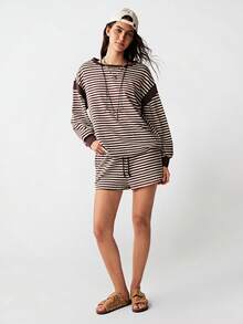 Bohemela 2pcs Women Casual Striped Knit Top & Loose Shorts Set - Brown - View 6