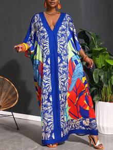 SHEIN CURVE+ Curve Size US22Music Festival, Seaside Vacation, BohemiaWomen's 2026 New Summer Mother's Day Music Festival Elegant Party Outdoor Color Loose Woven V-Neck Geometric Animal Pattern Women's Dress - Multicolor - View 4