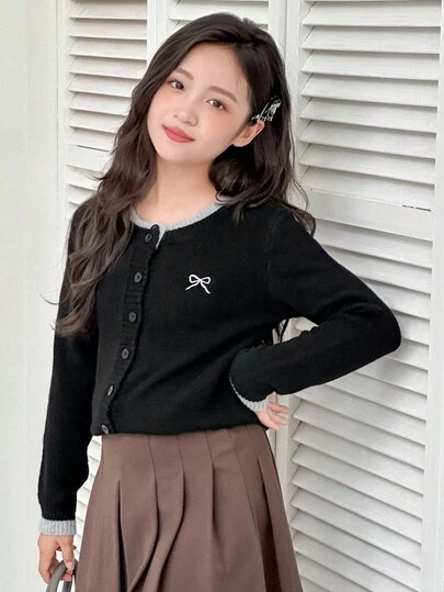 Dazy Kids Cardigan col rond pour filles, nœud brodé, couleurs contrastées, automne